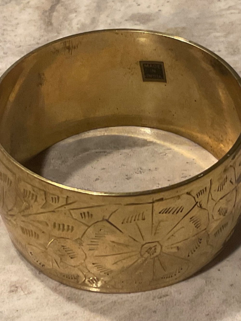 Brass Bangle Bracelet Vintage 2.75” diameter etched floral - Picture 3 of 7